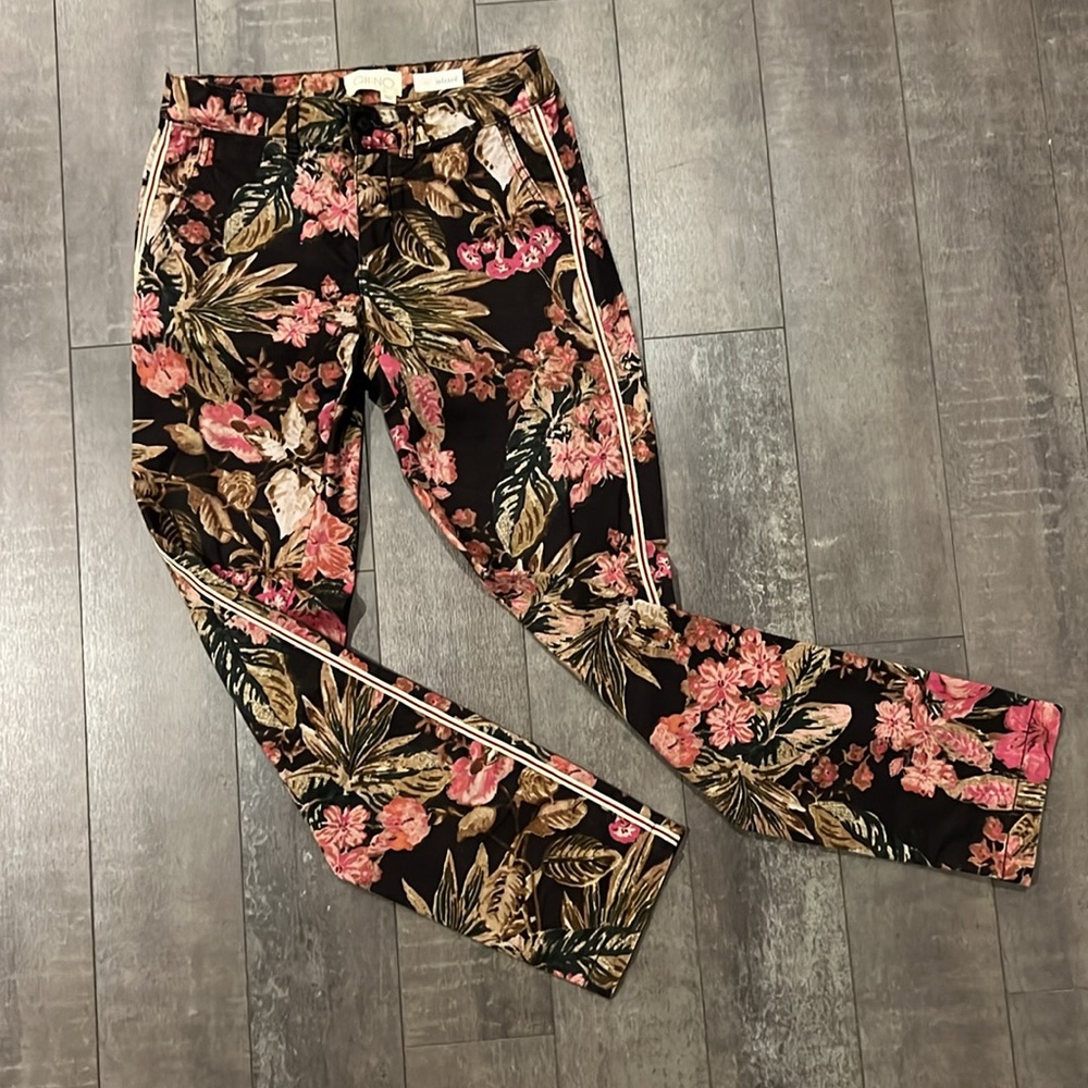 Anthropologie CHiNO Relaxed Fit Floral Print Pants with Pin Striping, size 25